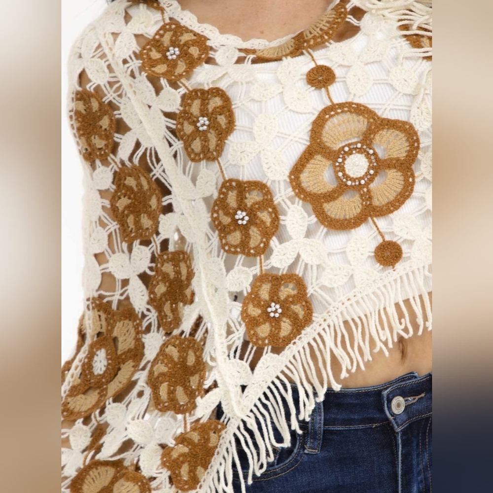 Boho Crochet Floral Fringe Crop Sweater Top Cream Brown Long Sleeve - Picture 2 of 5
